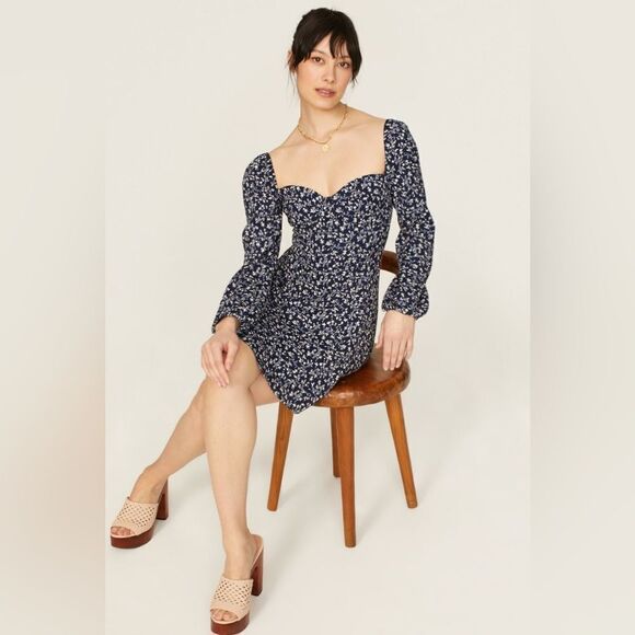 Reformation Mochi Mini Midnight Navy Blue Dress Puff Sleeve Floral Size L - Picture 3 of 14